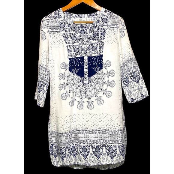 H&M L.O.G.G Women's Sheer White Blue Embroidery 1/4 Button Boho Dress Size 8 - Picture 3 of 11